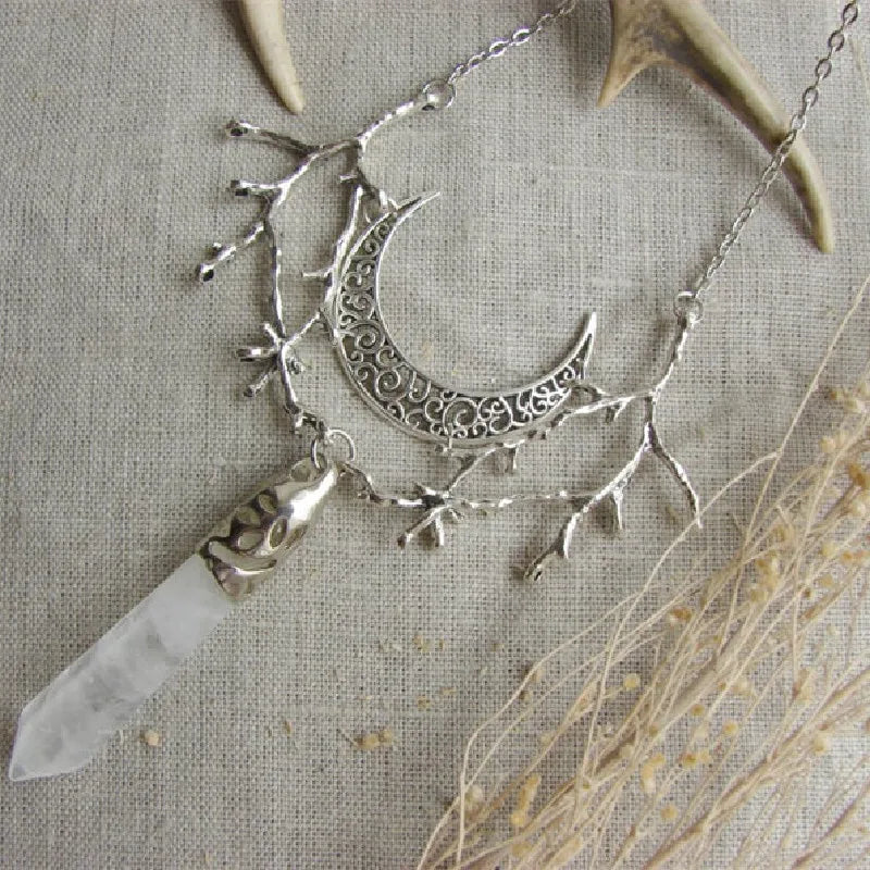 White Crystal Crescent Moon Branches Necklace Pendant Charm Fantasy Forest Twig Statement Women Gift Wedding Wicca Jewellery