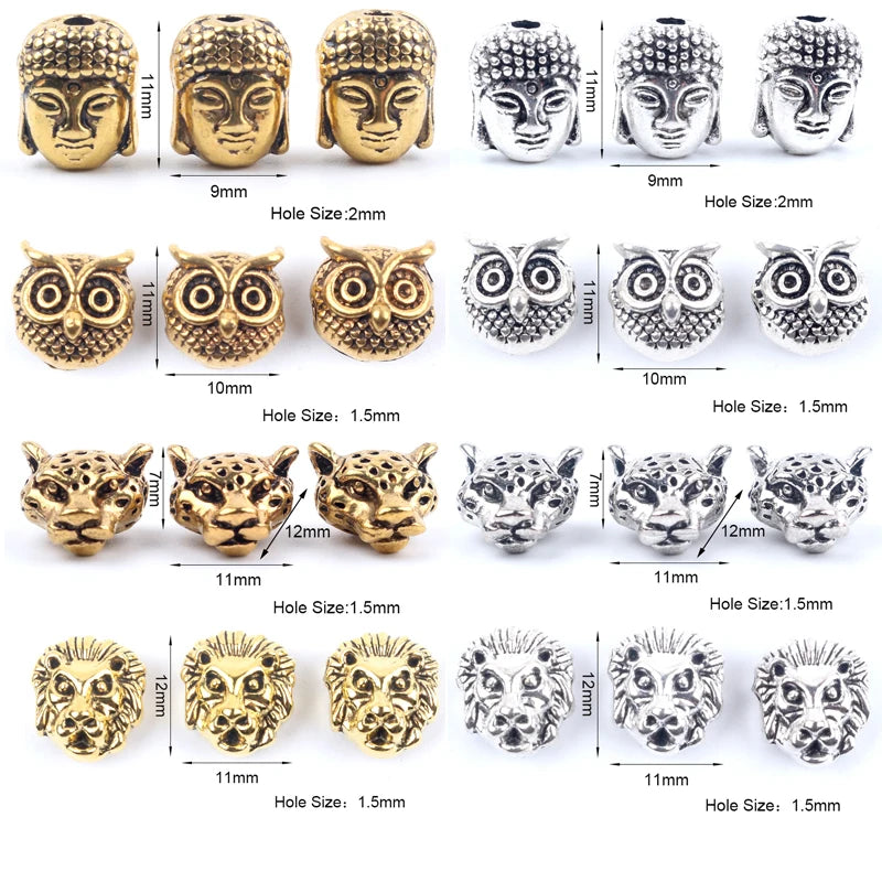 10pcs Antique Owl Lion Buddha Leopard Head Spacer Beads Charm DIY Bracelets Necklace Beads for Jewelry Making Accessories