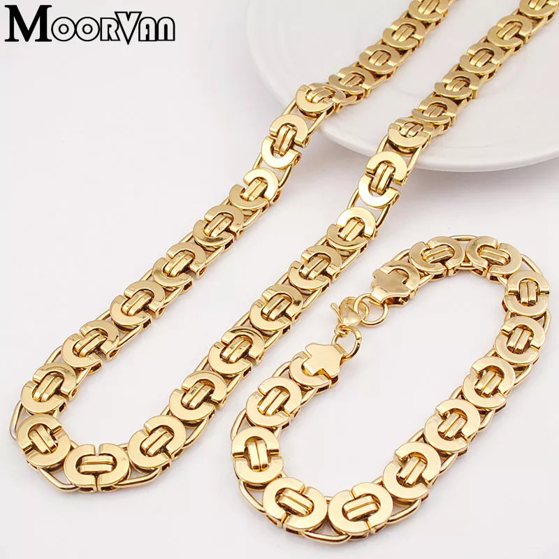 Moorvan Stainless Steel Men Jewelry Set Fashion Egypt Byzantine Bracelet Necklace Sets 11mm Width Jewellery for Women's Man's