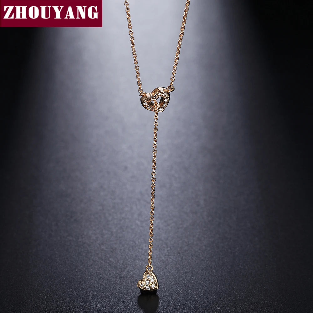 ZHOUYANG  Necklace For Women Heart Linked To Heart Rose Gold Color Fashion Pendant Jewelry Made with Austria Crystal ZYN159