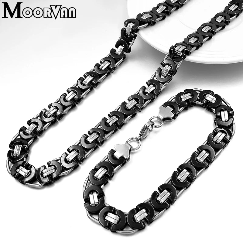 Moorvan Stainless Steel Men Jewelry Set Fashion Egypt Byzantine Bracelet Necklace Sets 11mm Width Jewellery for Women's Man's