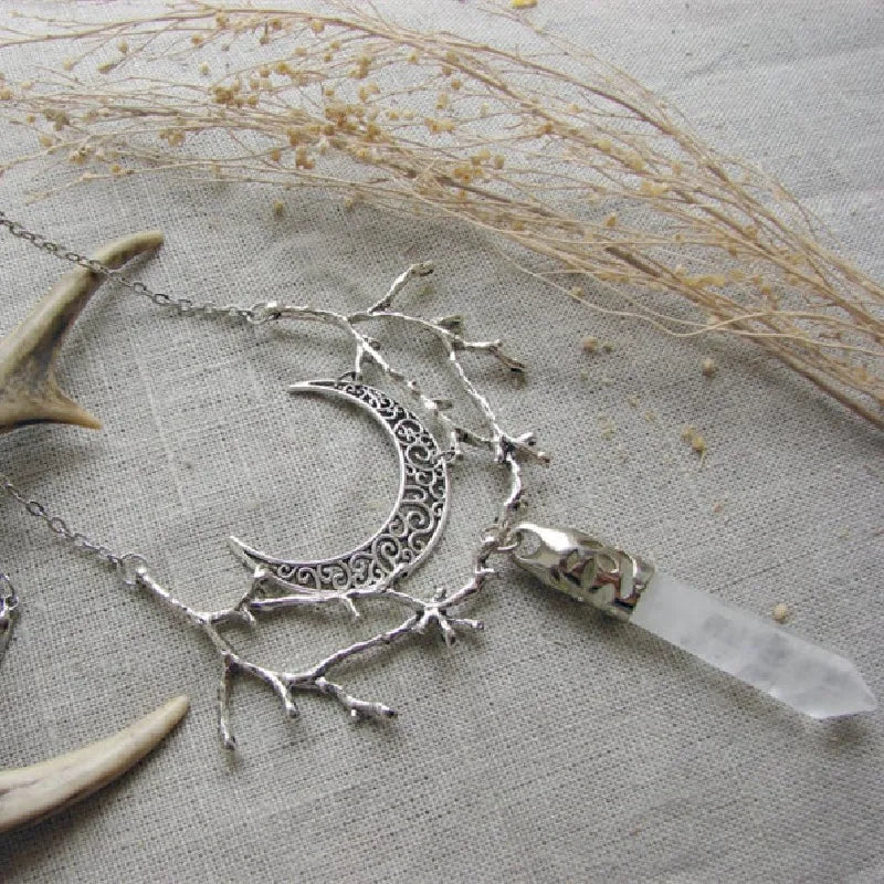 White Crystal Crescent Moon Branches Necklace Pendant Charm Fantasy Forest Twig Statement Women Gift Wedding Wicca Jewellery