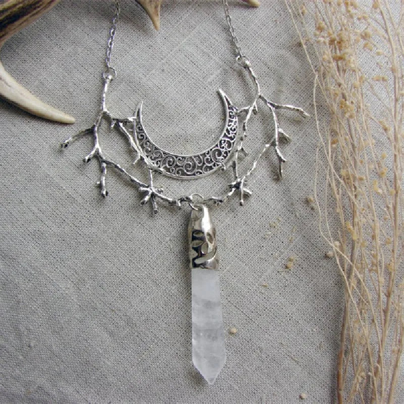 White Crystal Crescent Moon Branches Necklace Pendant Charm Fantasy Forest Twig Statement Women Gift Wedding Wicca Jewellery