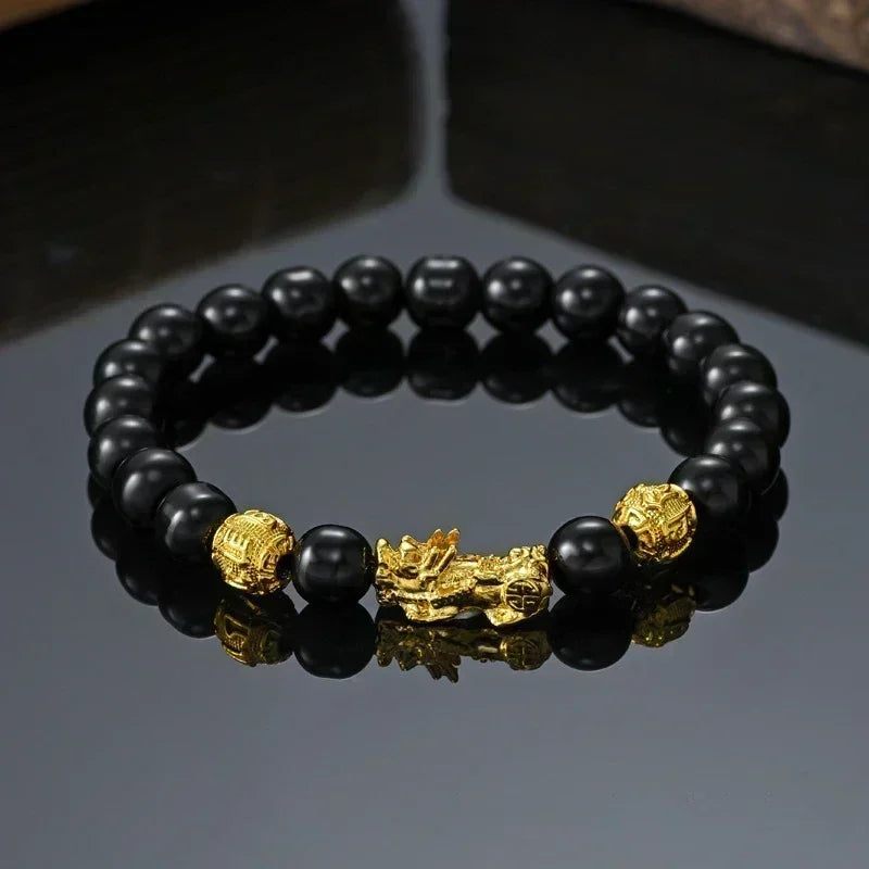 Black Obsidian Wealth Bracelet Adjustable Releases Negative Energies Bracelet with Golden Pi Xiu Lucky Wealthy Amulet Bracelet