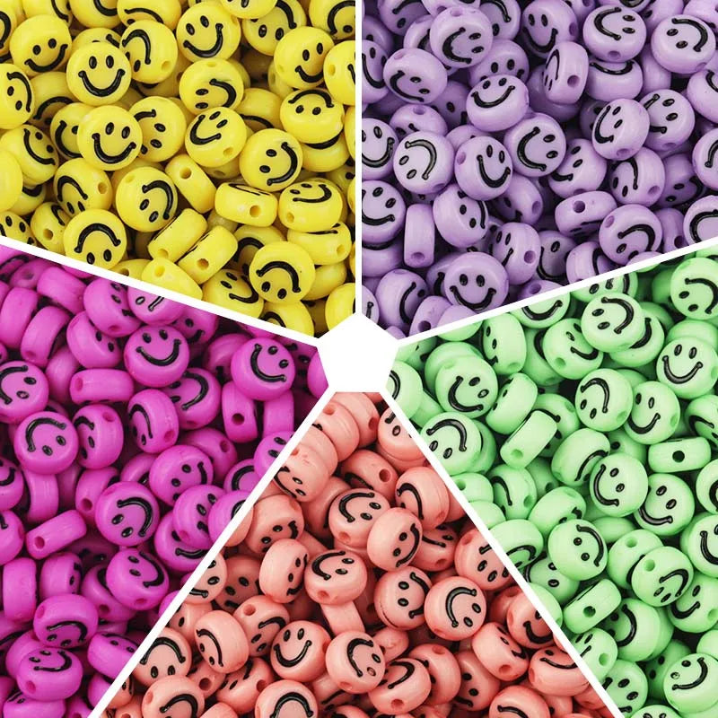 100Pcs Multicolor Acrylic Smile Face Beads For DIY Bracelet Jewelry Making Accessories Plastic Flat Round Cartoon Smiling Beads