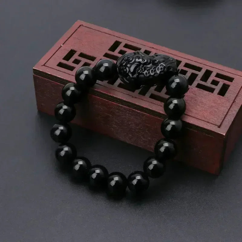 Black Obsidian Wealth Bracelet Adjustable Releases Negative Energies Bracelet with Golden Pi Xiu Lucky Wealthy Amulet Bracelet