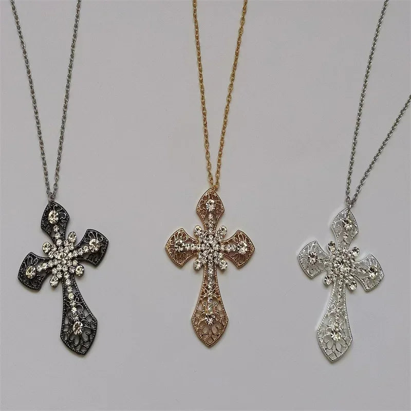 Large Detailed Rhinestone Cross Jewel Necklace Silver Color Tone Pendant  Goth Punk Jewellery Fashion Charm Statement Women Gift