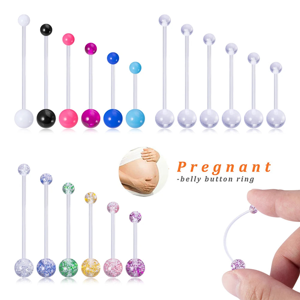 6PCS Acrylic Long Bar Navel Rings for Pregnant Women Flexible Clear Belly Piercing Retainer Plastic Pregnancy Belly Button Rings