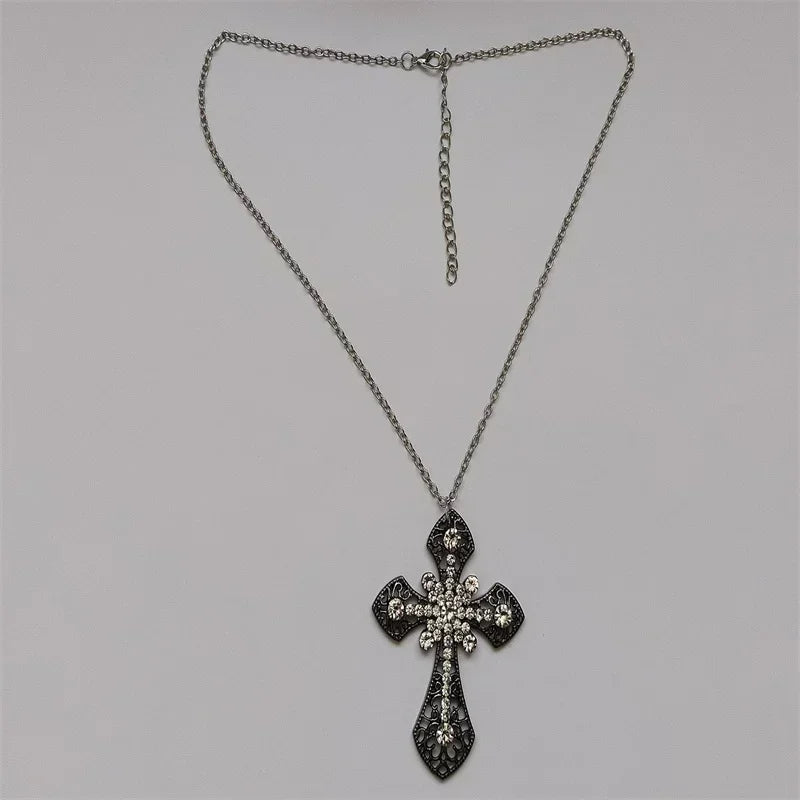 Large Detailed Rhinestone Cross Jewel Necklace Silver Color Tone Pendant  Goth Punk Jewellery Fashion Charm Statement Women Gift