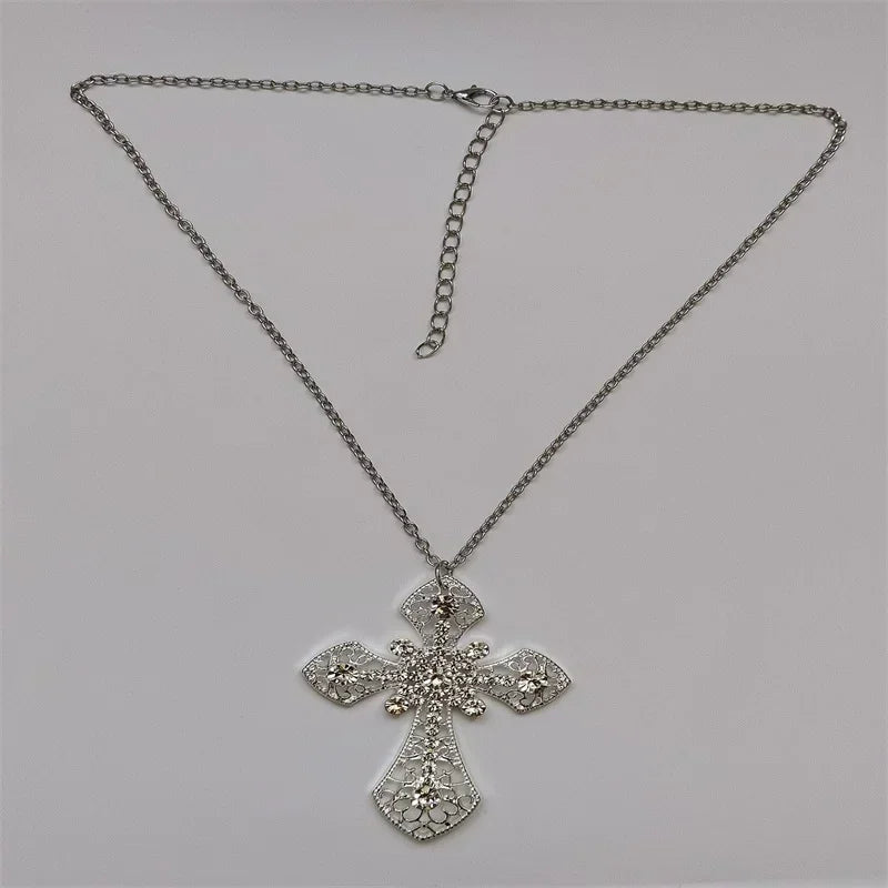 Large Detailed Rhinestone Cross Jewel Necklace Silver Color Tone Pendant  Goth Punk Jewellery Fashion Charm Statement Women Gift