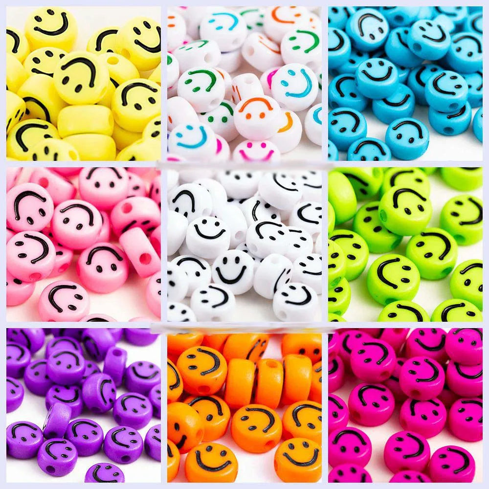 100Pcs Multicolor Acrylic Smile Face Beads For DIY Bracelet Jewelry Making Accessories Plastic Flat Round Cartoon Smiling Beads