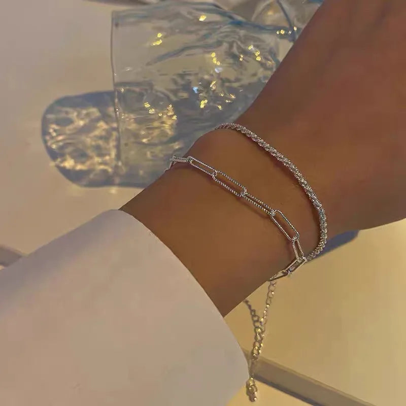 New Fashionable Silver Colour Double Layer Bracelet Simple Ladies Bracelet Delicate Jewellery Gift