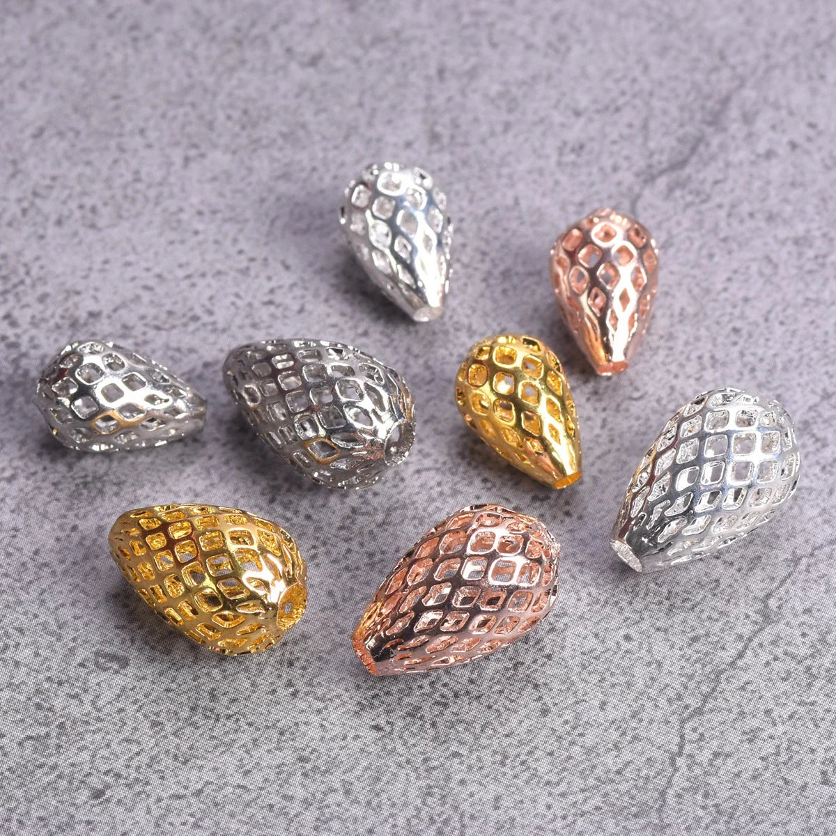 6x10mm 8x12mm 10x15mm 12x18mm Teardrop Hollow Mesh Brass Metal Gold/Silver Plated Color Loose Beads For Jewelry Making DIY