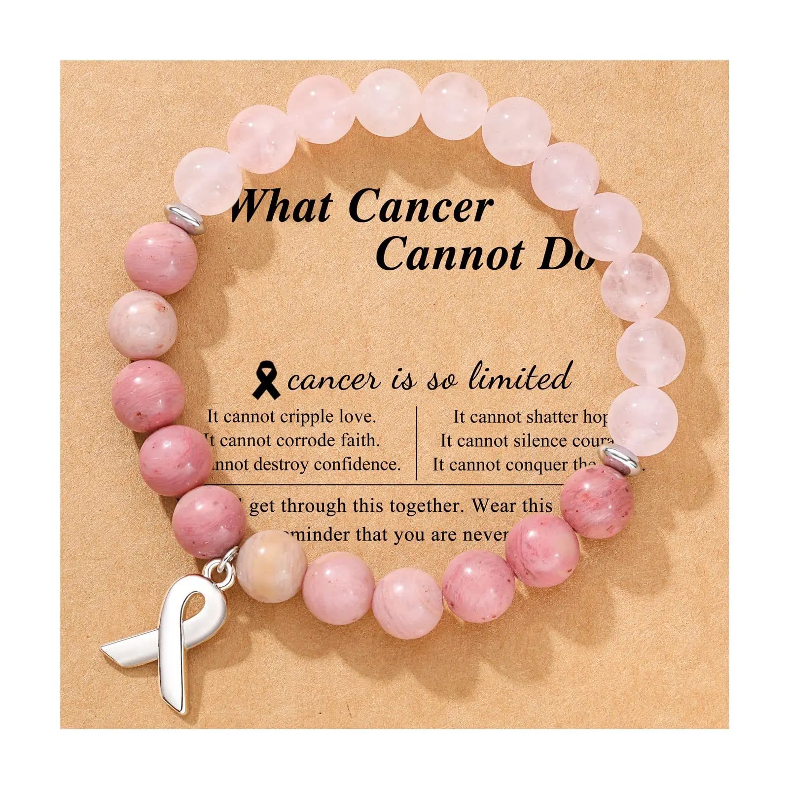 Breast Cancer Awareness Natural Stones Crystal Bracelet with Message Card Valentine's Day Jewellery Gifts Rose Quartz - Pink