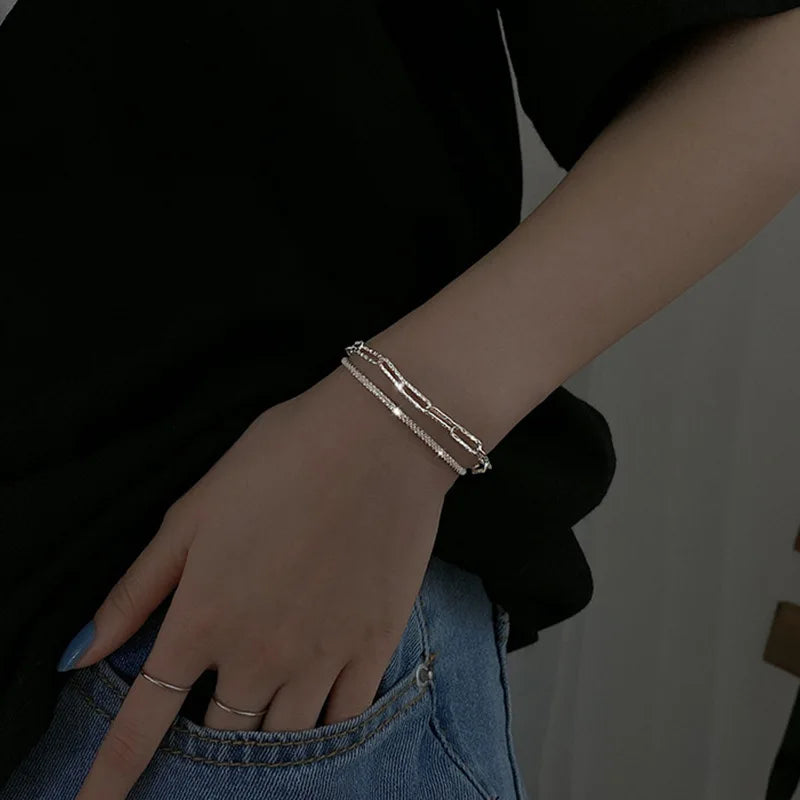 New Fashionable Silver Colour Double Layer Bracelet Simple Ladies Bracelet Delicate Jewellery Gift