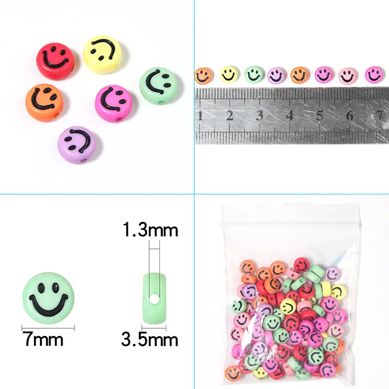 100Pcs Multicolor Acrylic Smile Face Beads For DIY Bracelet Jewelry Making Accessories Plastic Flat Round Cartoon Smiling Beads