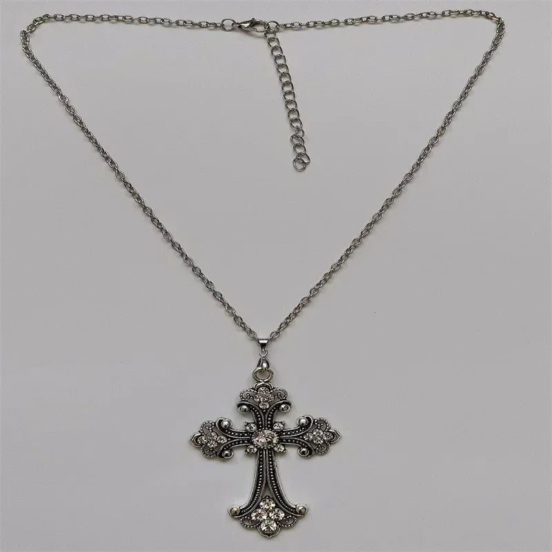 Large Detailed Rhinestone Cross Jewel Necklace Silver Color Tone Pendant  Goth Punk Jewellery Fashion Charm Statement Women Gift