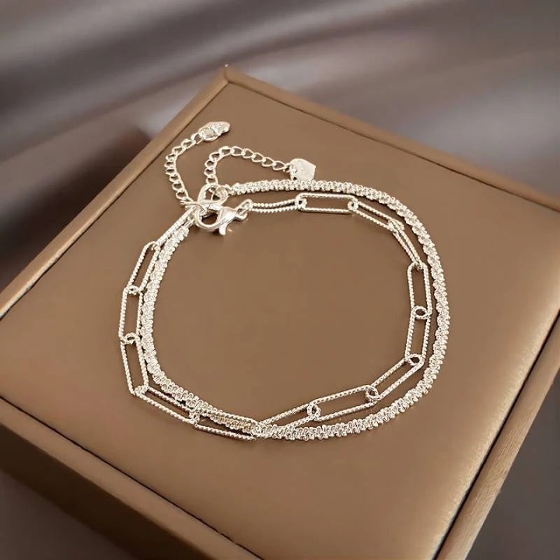 New Fashionable Silver Colour Double Layer Bracelet Simple Ladies Bracelet Delicate Jewellery Gift