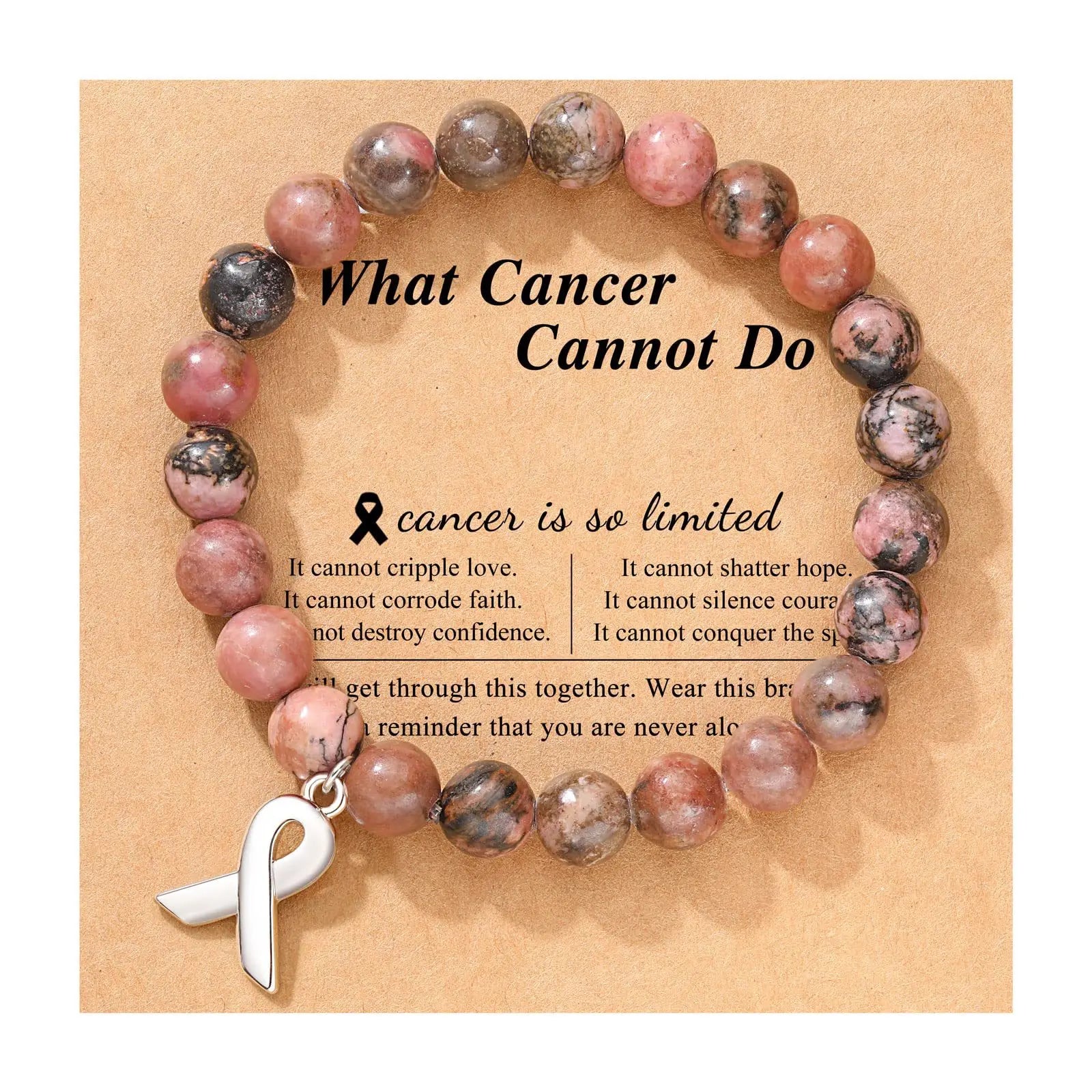 Breast Cancer Awareness Natural Stones Crystal Bracelet with Message Card Valentine's Day Jewellery Gifts Rose Quartz - Pink