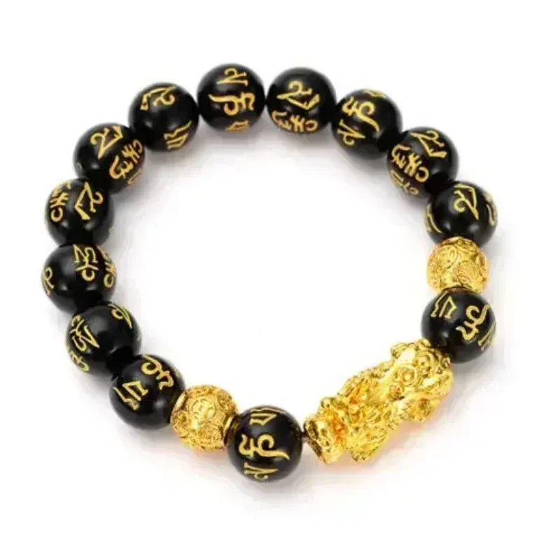 Black Obsidian Wealth Bracelet Adjustable Releases Negative Energies Bracelet with Golden Pi Xiu Lucky Wealthy Amulet Bracelet