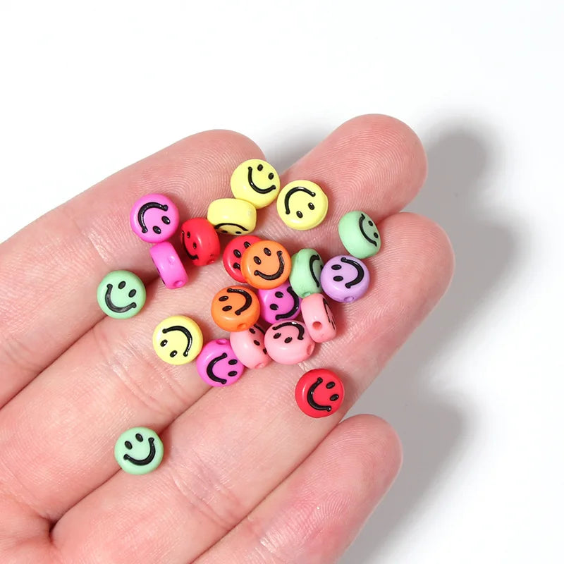 100Pcs Multicolor Acrylic Smile Face Beads For DIY Bracelet Jewelry Making Accessories Plastic Flat Round Cartoon Smiling Beads