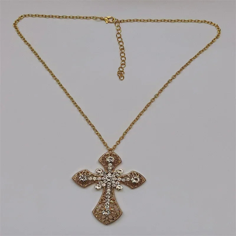 Large Detailed Rhinestone Cross Jewel Necklace Silver Color Tone Pendant  Goth Punk Jewellery Fashion Charm Statement Women Gift